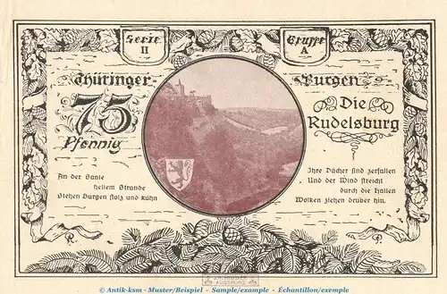 Notgeld Th. Burgenserie Kahla 665.3 , 75 Pfennig Schein -A- in kfr. von 1921 , Thüringen Seriennotgeld