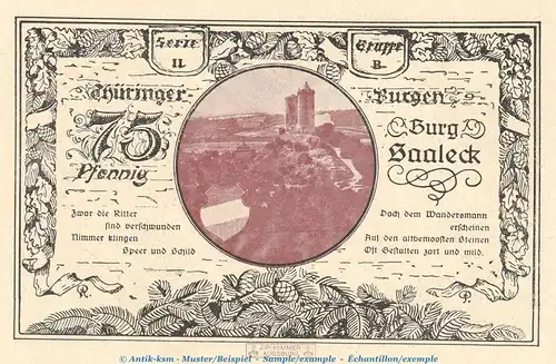 Notgeld Th. Burgenserie Kahla 665.3 , 75 Pfennig Schein -B- in kfr. von 1921 , Thüringen Seriennotgeld