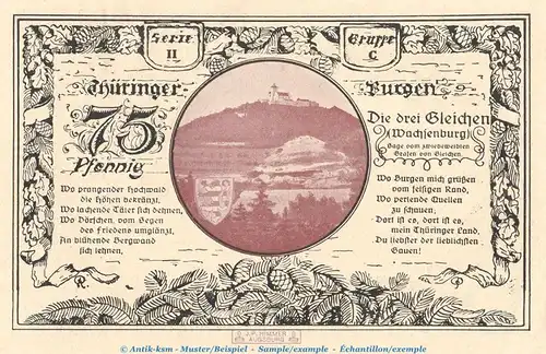 Notgeld Th. Burgenserie Kahla 665.3 , 75 Pfennig Schein -C- in kfr. von 1921 , Thüringen Seriennotgeld