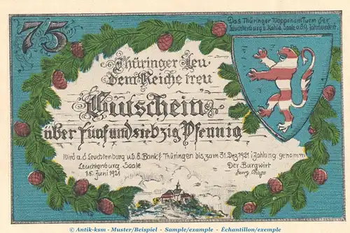 Notgeld Th. Burgenserie Kahla 665.3 , 75 Pfennig Schein -C- in kfr. von 1921 , Thüringen Seriennotgeld