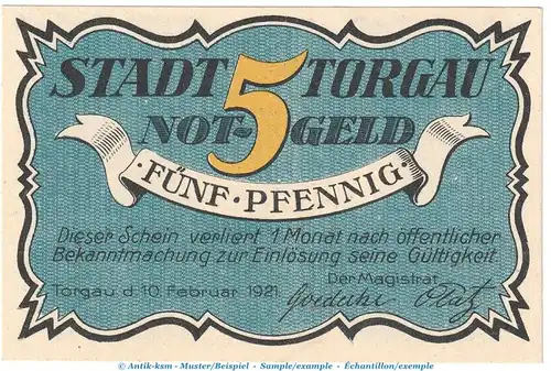 Notgeld Stadt Torgau 1331.1 , 5 Pfennig Schein -dunkelblau- in kfr. von 1921 , Sachsen Seriennotgeld
