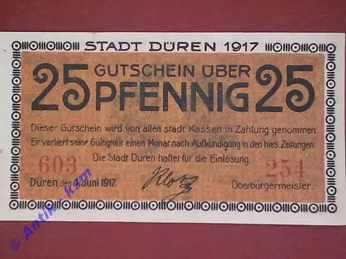 Notgeld Düren , Rheinland , vollständiger Satz mit 1 Schein 25 Pfennig , Verkehrsausgabe , Tieste 1530.30 , von 1917