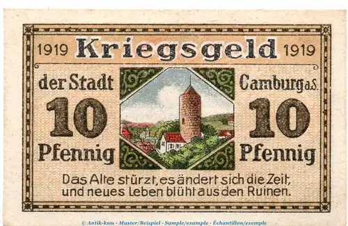 Notgeld Stadt Camburg 1080.10.05 , 10 Pfennig Schein o.Wz. in kfr. von 1919 , Sachsen Verkehrsausgabe