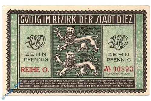 Notgeld Diez , 10 Pfennig Schein mit Signatur , Tieste 1375.05.05 , von 1917 , Hessen Verkehrsausgabe
