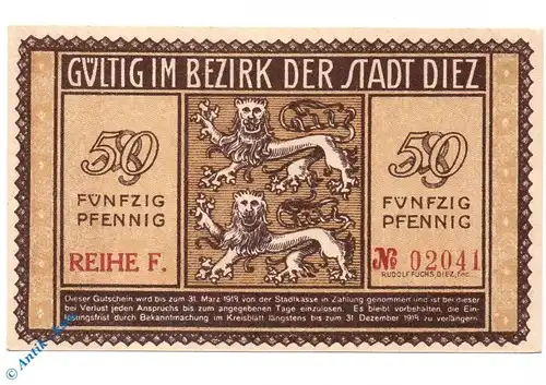 Notgeld Diez , 50 Pfennig Schein mit Signatur , Tieste 1375.05.12 , von 1917 , Hessen Verkehrsausgabe