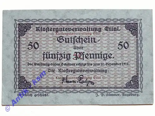 Notgeld Ettal , Bayern , Einzelschein über 50 Pfennig , Tieste 1810.19.1 , von 1917 , Verkehrsausgabe