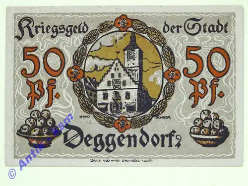 Notgeld Deggendorf , Bayern , Einzelschein über 50 Pfennig , Tieste 1315.02 , von 1918 , Verkehrsausgabe