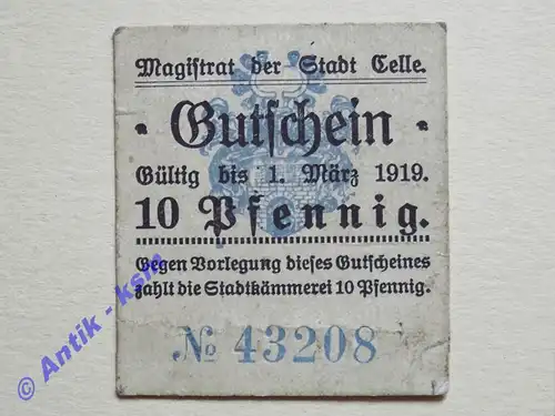 Notgeld Celle , Niedersachsen , Einzelschein über 10 Pfennig , Tieste 1115.01 , von 1917 , Verkehrsausgabe