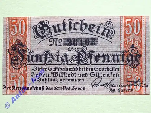 Notgeld Zeven , Hannover Niedersachsen , Einzelschein über 50 Pfennig , Tieste 8215.05 , von 1917 , Verkehrsausgabe