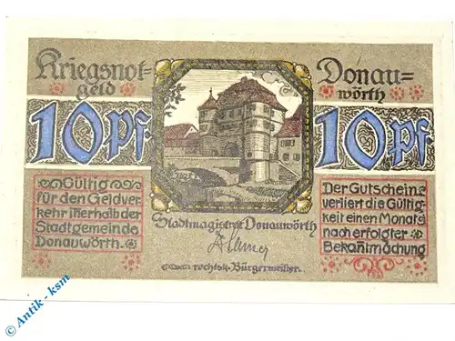 Notgeld Donauwörth , 10 Pfennig Schein , Wellenbündel , Tieste 1445.10.05 , Bayern Verkehrsausgabe