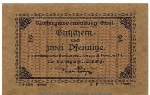 Notgeld Klostergut Ettal 1810.05.16 , 2 Pfennig --geflecktes Papier-- in kfr. o.D. Bayern Verkehrsausgabe
