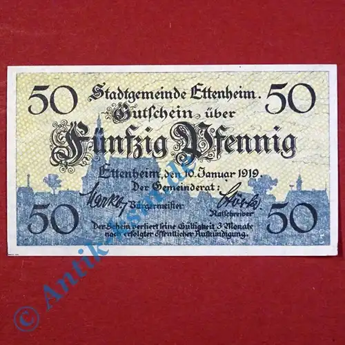 Ettenheim , Notgeld 50 Pfennig Schein unc-kfr. , Ti. 1815.05.20-25 , Baden 1918-19 Verkehrsausgabe