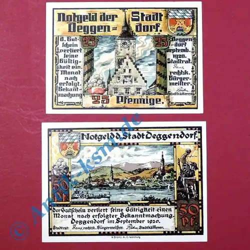 Notgeld Deggendorf , Satz mit 2 Scheinen , Tieste 1315.25 und 26 , von 1920 , Bayern Verkehrsausgabe