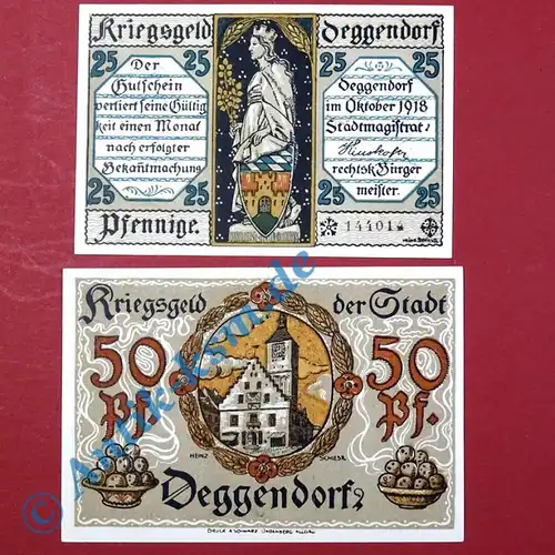 Notgeld Deggendorf , Satz mit 2 Scheinen , Tieste 1315.15 und 16 , von 1918 , Bayern Verkehrsausgabe