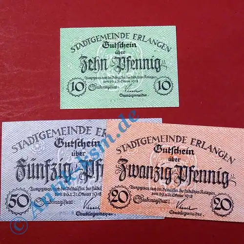 Notgeld Erlangen , Satz mit 3 Scheinen , Tieste 1770.40 bis 42 , von 1918 , Bayern Verkehrsausgabe