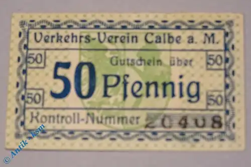Calbe , Notgeld 50 Pfennig Schein in kfr. Tieste 1065.20.15 , Sachsen o.D. Verkehrsausgabe