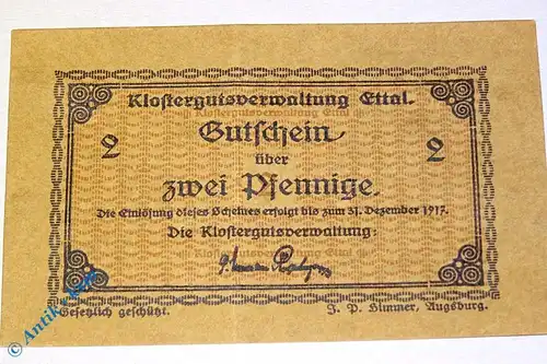 Notgeld Ettal , 2 Pfennig Schein geflecktes Papier , Tieste 1810.05.16 , Bayern Verkehrsausgabe