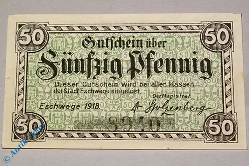 Notgeld Eschwege , 50 Pfennig Schein , nur Kn , Tieste 1785.05.10 , von 1918 , Hessen Verkehrsausgabe