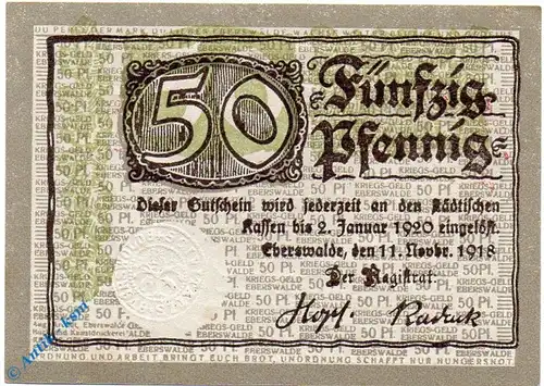 Notgeld Eberswalde , 50 Pfennig Schein , Ohne Kennummer , Tieste 1570.05.10.3 , von 1918 , Brandenburg Verkehrsausgabe