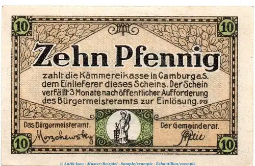 Notgeld Stadt Camburg 1080.10.10 , 10 Pfennig Schein in kfr. von 1919 , Sachsen Verkehrsausgabe