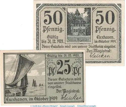 Notgeld Stadt Cuxhaven , Set mit 2 Scheinen in kfr. Tieste 1255.15.05-6 von 1919 , Niedersachsen Verkehrsausgabe