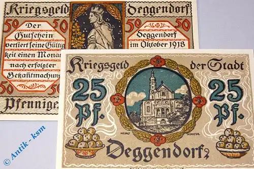 Notgeld Deggendorf , Set mit 2 Scheinen , Tieste 1315.25.10 und 11 , von 1918 , Bayern Verkehrsausgabe