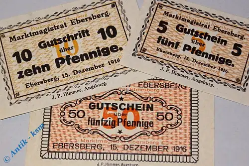 Ebersberg , Notgeld Set mit 3 Scheinen unc-kfr. Ti.1560.05.10-12 , Bayern 1916 Verkehrsausgabe
