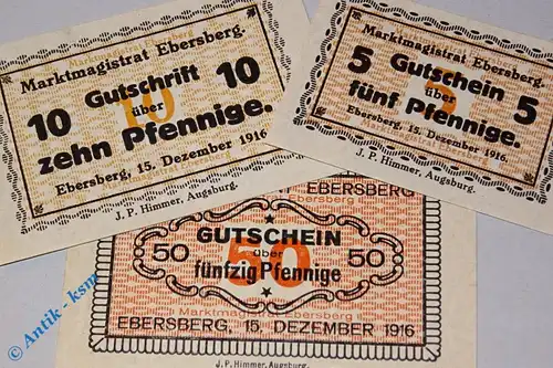 Notgeld Ebersberg , Set mit 3 Scheinen , Tieste 1560.05.10 bis 12 , von 1916 , Bayern Verkehrsausgabe