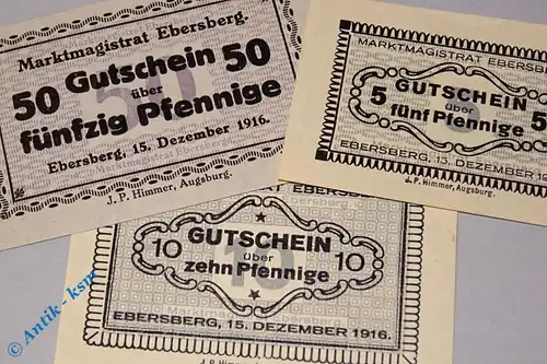 Ebersberg , Notgeld Set mit 3 Scheinen unc-kfr. Ti.1560.05.15-17 , Bayern 1916 Verkehrsausgabe