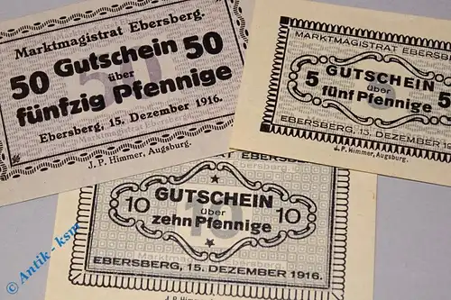 Notgeld Ebersberg , Set mit 3 Scheinen , Tieste 1560.05.15 bis 17 , von 1916 , Bayern Verkehrsausgabe