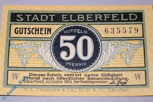 Notgeld Elberfeld , 50 Pfennig Schein Owz , Tieste 1645.30.25 - 35 , von 1919 , Rheinland Verkehrsausgabe