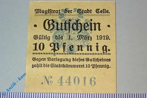 Notgeld Celle , 10 Pfennig Schein Karton , Tieste 1115.20.01 , Niedersachsen Verkehrsausgabe