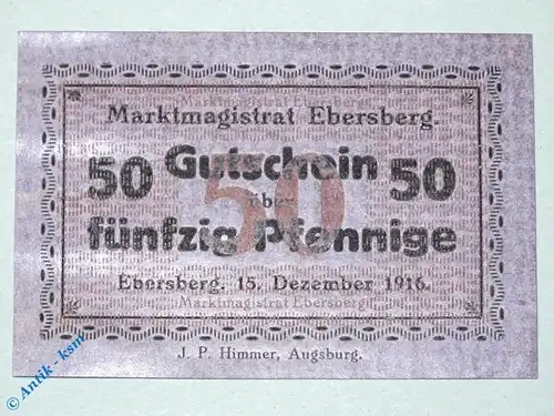 Notgeld Ebersberg , 50 Pfennig Schein , Tieste 1560.05.03 , von 1916 , Bayern Verkehrsausgabe
