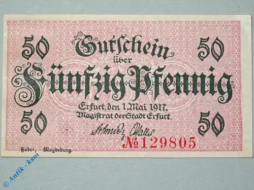 Notgeld Erfurt , 50 Pfennig Schein , Tieste 1755.105.01 , von 1917 , Sachsen Verkehrsausgabe