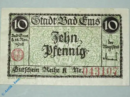 Notgeld Bad Ems , 10 Pfennig Schein , Tieste 1715.05.05 , von 1918 , Hessen Verkehrsausgabe