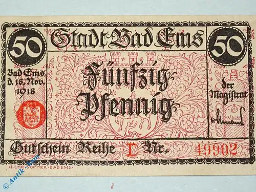Notgeld Bad Ems , 50 Pfennig Schein , Tieste 1715.05.02 , von 1918 , Hessen Verkehrsausgabe