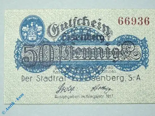 Notgeld Eisbergen , 50 Pfennig Schein mit Drfa , Tieste 1635.10.10 , von 1917 , Sachsen Verkehrsausgabe
