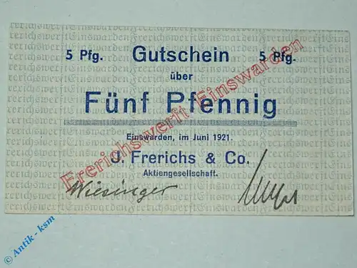 Notgeld Einswarden , 5 Pfennig Schein , Tieste 1620.05.85 , Juni 1921 , Niedersachsen Verkehrsausgabe