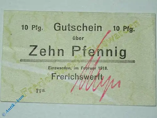 Notgeld Einswarden , 10 Pfennig Schein , Tieste 1620.05.45 , 1918 , Niedersachsen Verkehrsausgabe