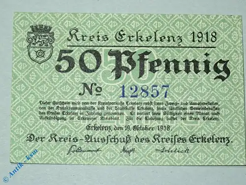 Notgeld Erkelenz , 50 Pfennig Schein , Tieste 1765.05.06 , von 1918 , Rheinland Verkehrsausgabe