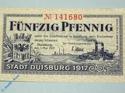 Notgeld Duisburg , 50 Pfennig Schein , Tieste 1540.10.02 , von 1917 , Rheinland Verkehrsausgabe