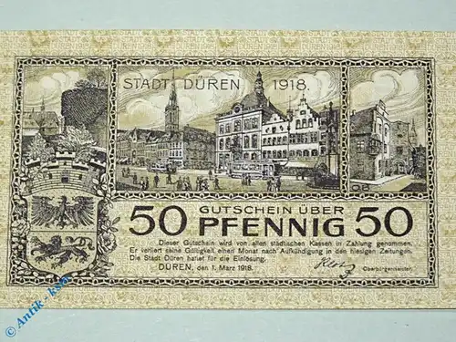 Notgeld Düren , 50 Pfennig Schein , Tieste 1530.10.50 , von 1918 , Rheinland Verkehrsausgabe