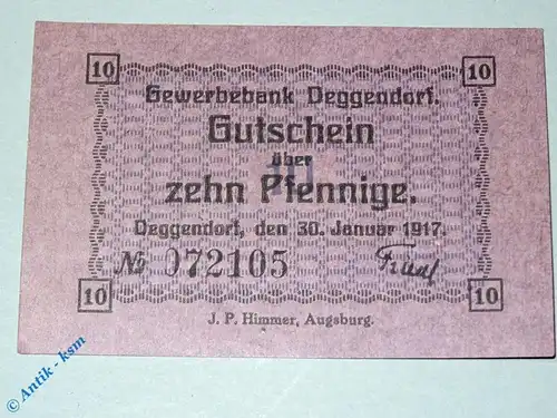 Notgeld Deggendorf , 10 Pfennig Schein , Tieste 1315.05.01 , von 1917 , Bayern Verkehrsausgabe