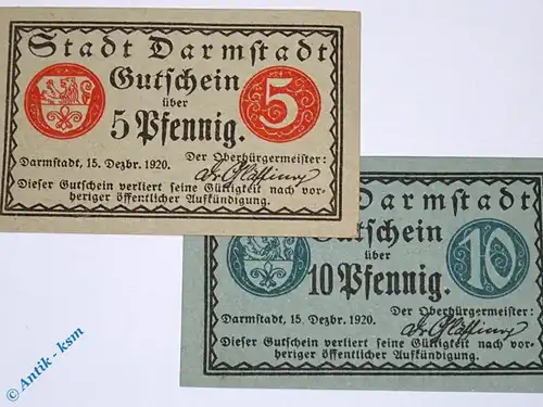 Notgeld Darmstadt , Set mit 2 Scheinen , Tieste 1300.15.40 und 41 , von 1920 , Hessen Verkehrsausgabe