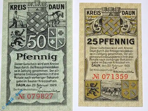 Notgeld Daun , Set mit 2 Scheinen mit Hüter , Tieste 1310.05.01 und 02 , von 1920 , Rheinland Verkehrsausgabe