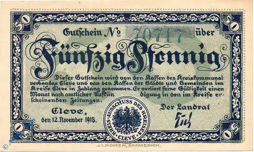 Notgeld Cleve , 50 Pfennig Schein , Tieste 1155.10.05 , von 1918 , Rheinland Verkehrsausgabe