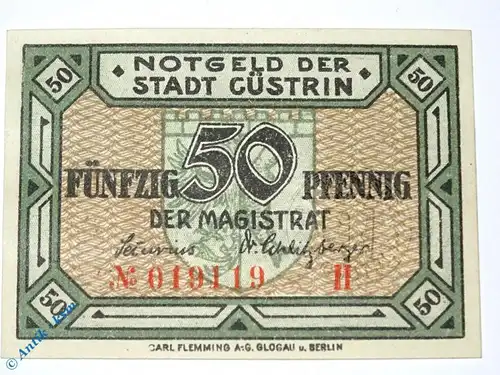 Notgeld Cüstrin , 50 Pfennig Schein , Tieste 1240.05.10 , von 1918 , Brandenburg Verkehrsausgabe