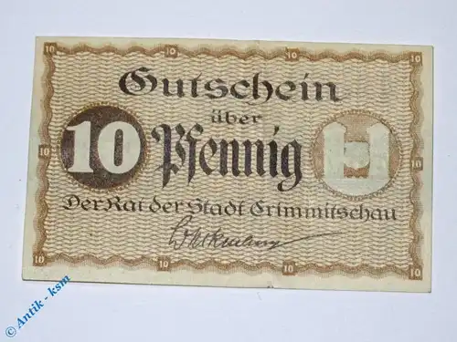 Notgeld Crimmitschau , 10 Pfennig Schein B in gbr. Tieste 1230.20.10 , von 1918 , Sachsen Verkehrsausgabe