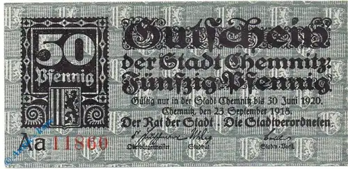 Notgeld Chemnitz , 50 Pfennig Schein , Tieste 1135.50.15 , von 1918 , Sachsen Verkehrsausgabe