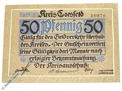 Notgeld Coesfeld , 50 Pfennig Schein , Wellenbündel , Tieste 1185.05.06 , Westfalen Verkehrsausgabe